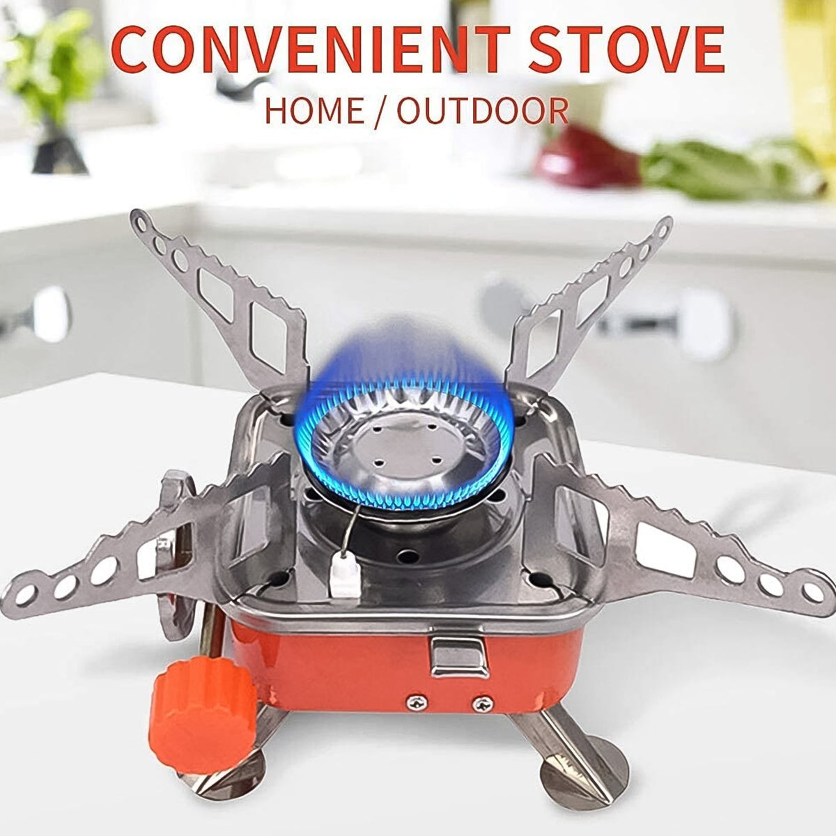 An overhead view of the foldable Mini Camping Stove, highlighting its stable pot supports and compact square design.