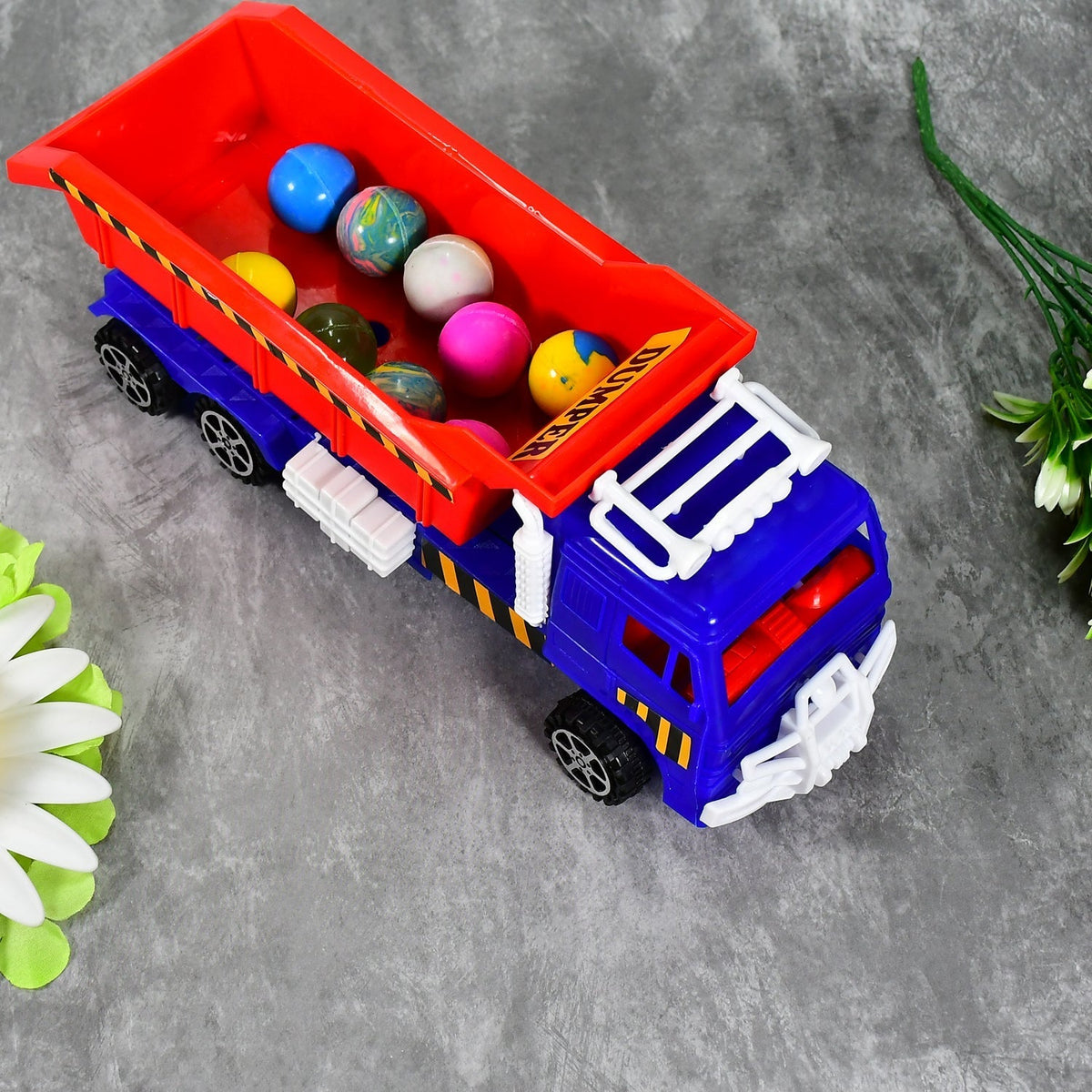 Vibrant yellow Friction Power Truck Toy with movable dumpster for kids.