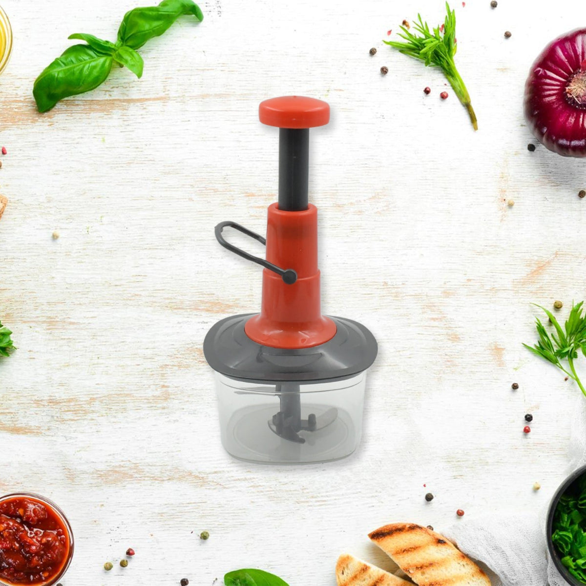 Quickslice manual vegetable chopper with anti-slip base and sharp stainless steel blades.