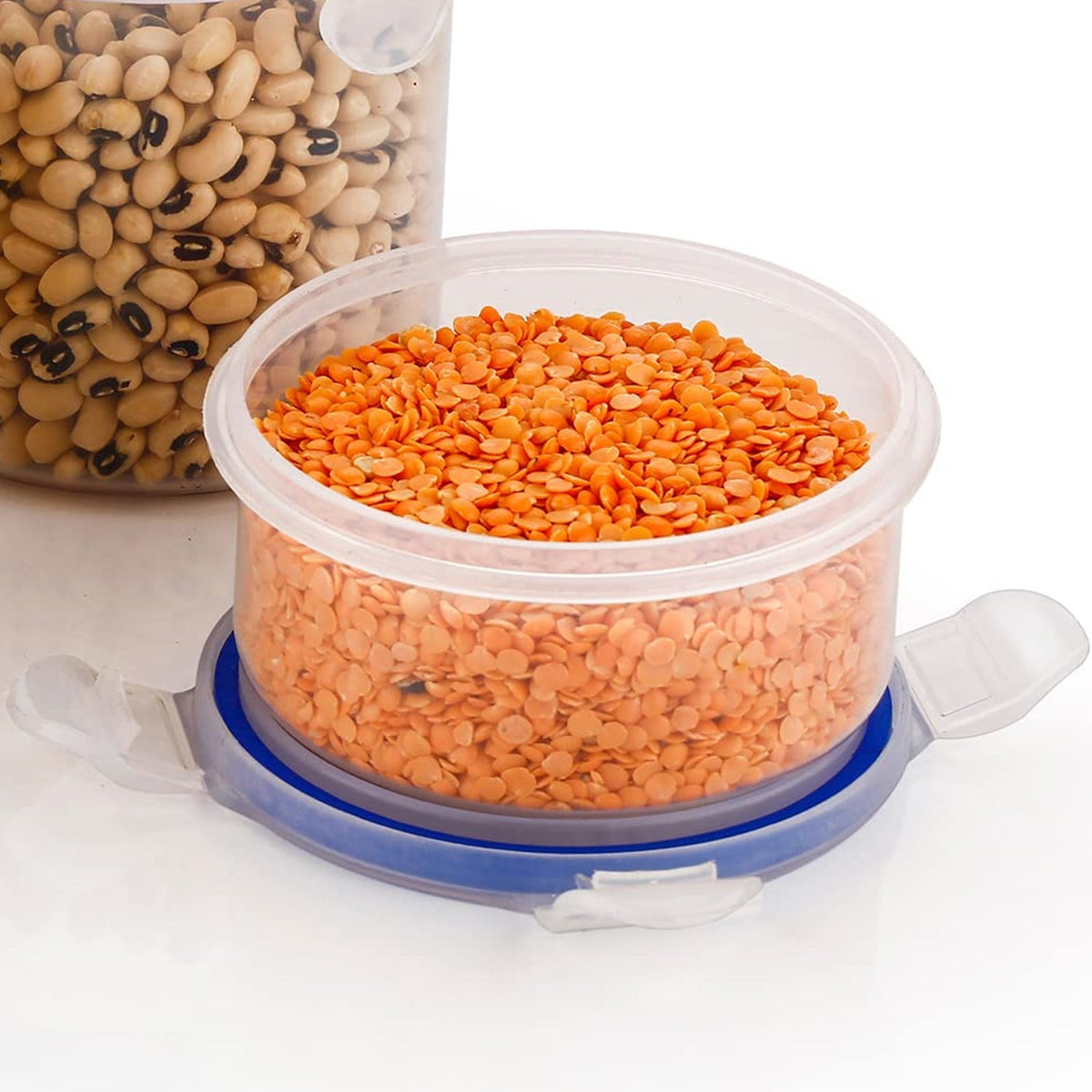 Set of three round airtight food storage containers with transparent bodies and blue leakproof lids.