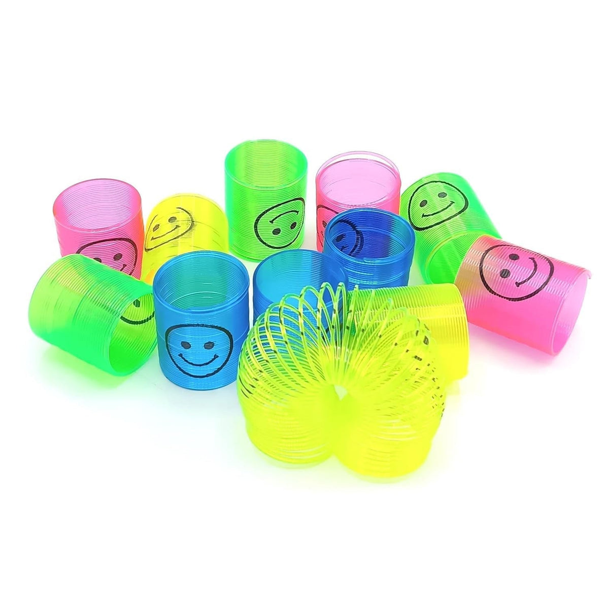 A hand holding a bright multicolor slinky spring toy, demonstrating its stretch.