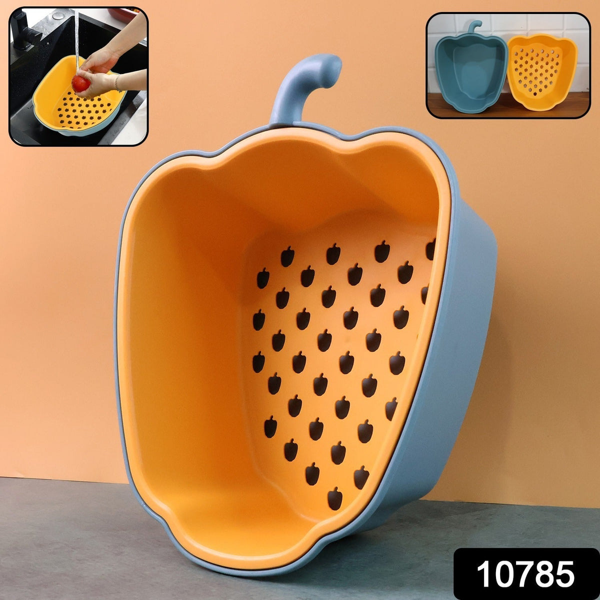 Close-up of pepper shape washing bowl showing removable colander strainer