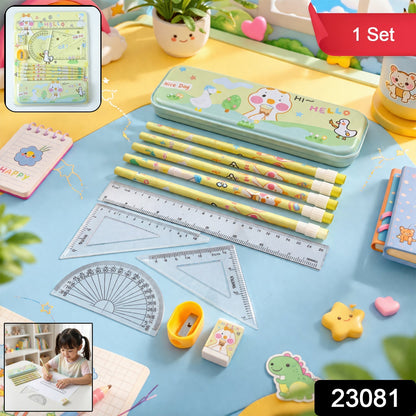 Kids cartoon geometry box stationery set with compact pencil case and math tools