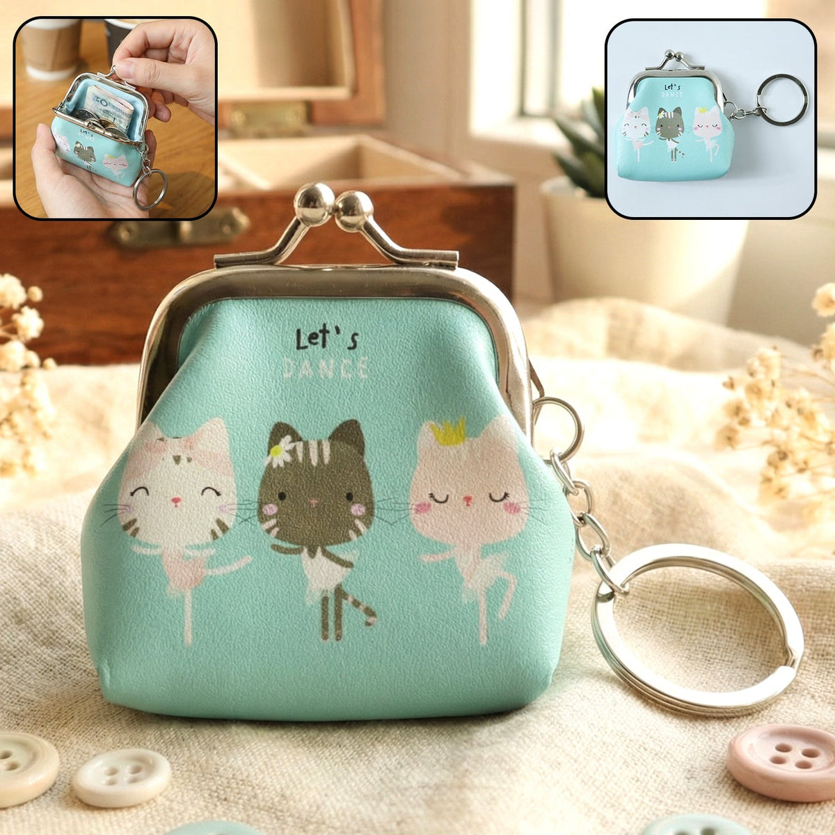 Cartoon cat mini coin purse keychain with metal clasp lock