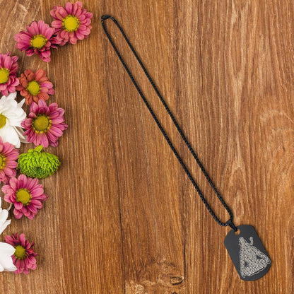 Mahadev Locket in stainless steel with intricate Shiva names engraving, displayed on a dark background.