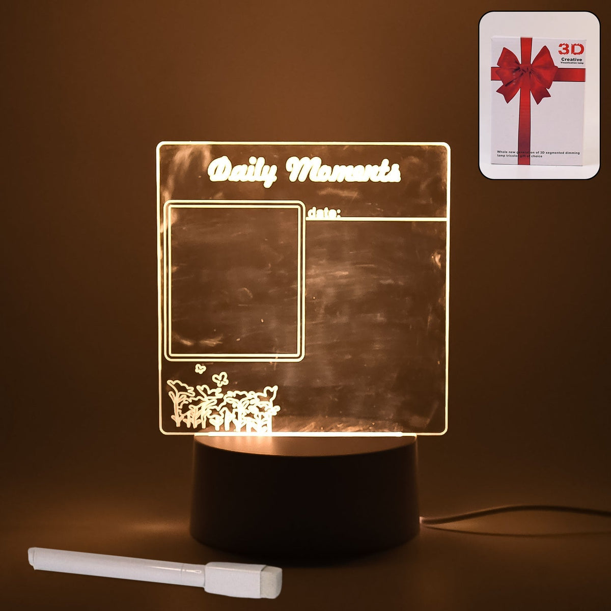 Acrylic decorative lamp featuring a heart shape, glowing softly in a bedroom setting.