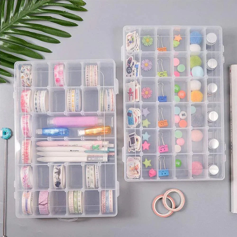 Transparent plastic organizer box with 36 compartments, ideal for beads.