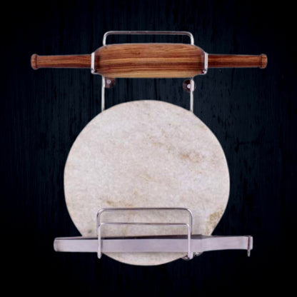Elegant stainless steel stand securely holding a wooden rolling pin on a kitchen counter.