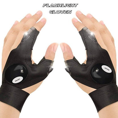 Outdoor flashlight gloves in use, brightly illuminating a path during a night hike.