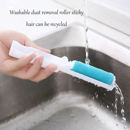 A hand demonstrates the reusable lint roller effectively cleaning fabric.