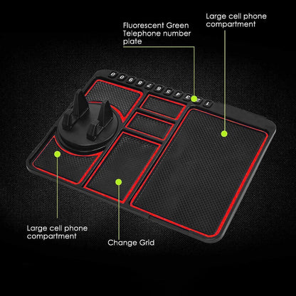 Car dashboard mat holding mobile phone and keys firmly in place