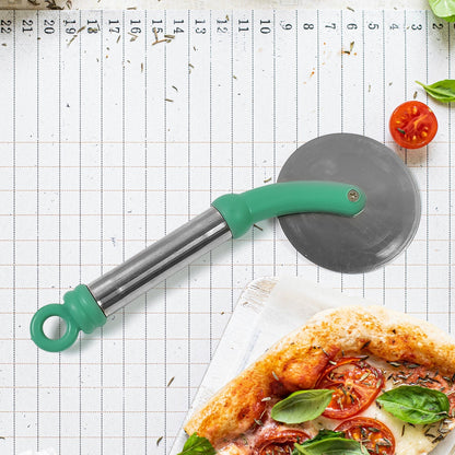 The durable stainless steel wheel of the Quickslice pizza cutter, showcasing its sharpness.