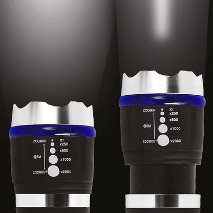 Two close-up views of the flashlight's head, showing the adjustable zoom settings with different beam widths on a dark