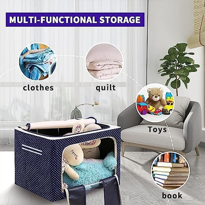 The foldable steel-frame storage box collapsed flat for compact, space-saving storage.