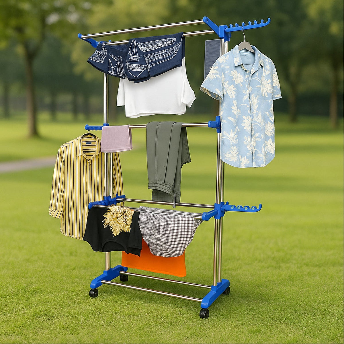 Stainless steel clothes drying rack in use with shirts and trousers drying