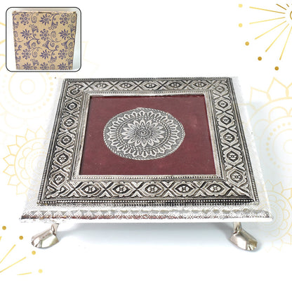 Silver Pooja Chowki with intricate Lakshmi design, perfect for Diwali celebrations.