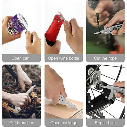 Folded compact stainless steel multi-tool kit for travel convenience