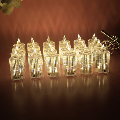 Multiple LED flameless decorative candles arranged showing crystal pattern and warm glow