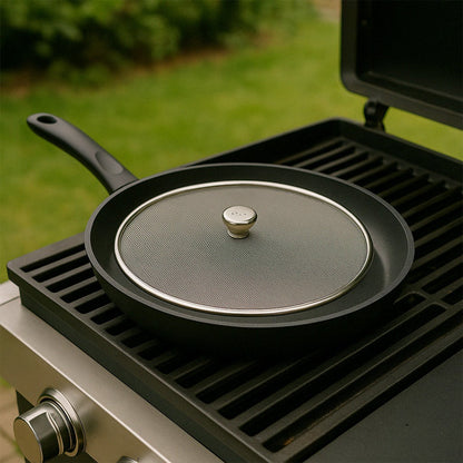 Angled shot of stainless steel mesh lid suitable for pots and pans