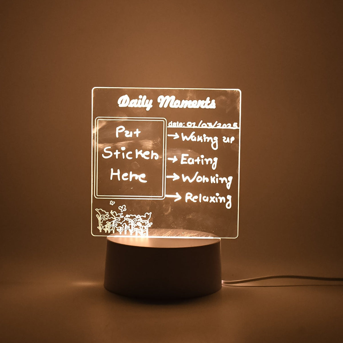 Side view of the acrylic decorative lamp, emphasizing its slim profile and sturdy base.