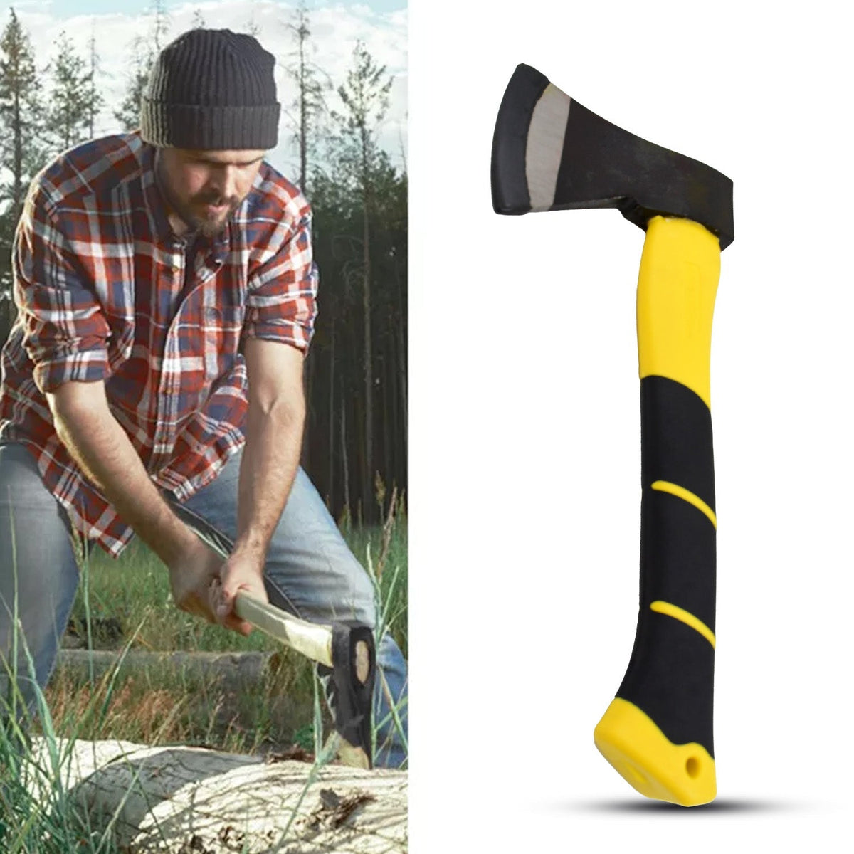 Hatchet Axe with a protective sharp edge cover for safety.