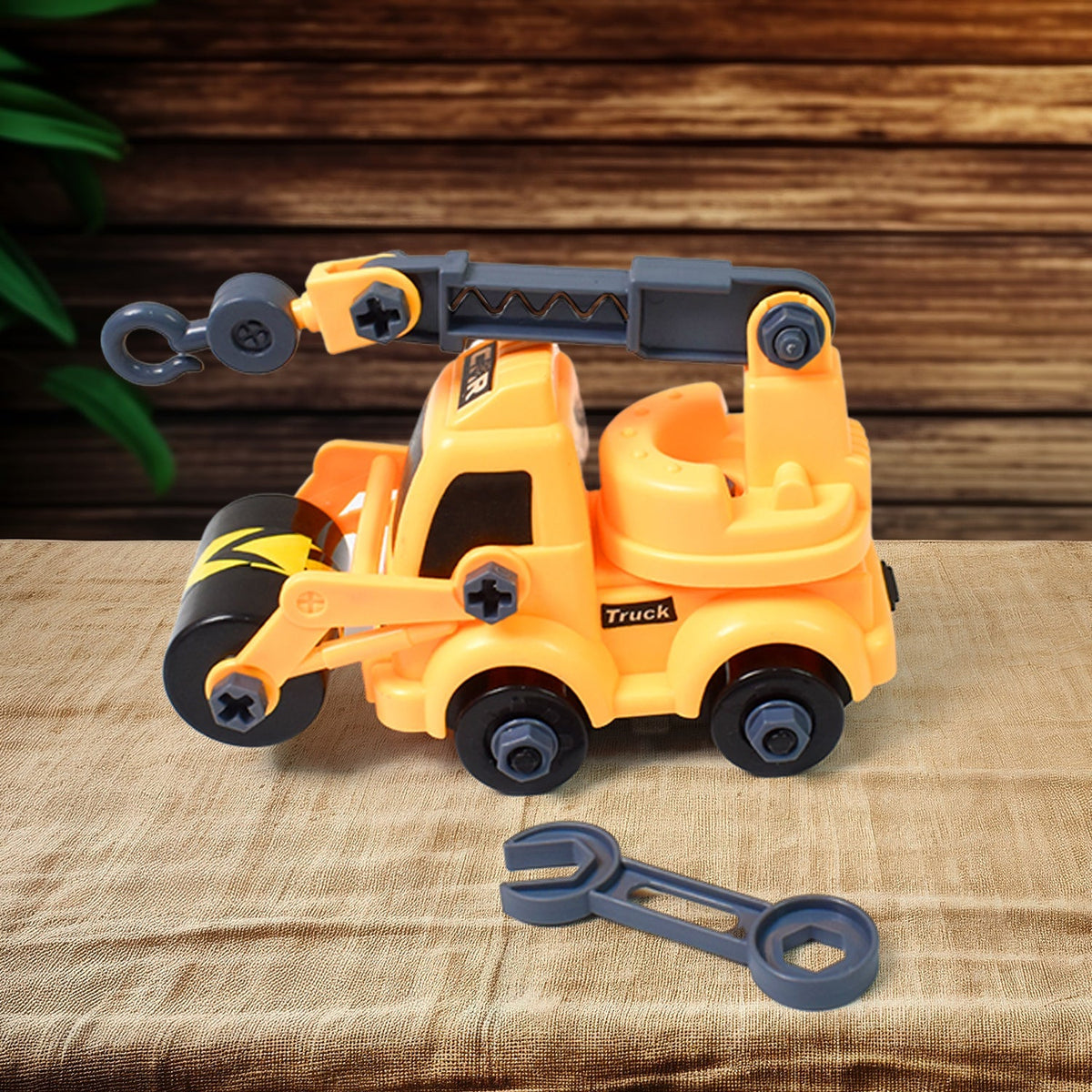 Two vibrant DIY assembly toy engineering vehicles displayed on a white background.