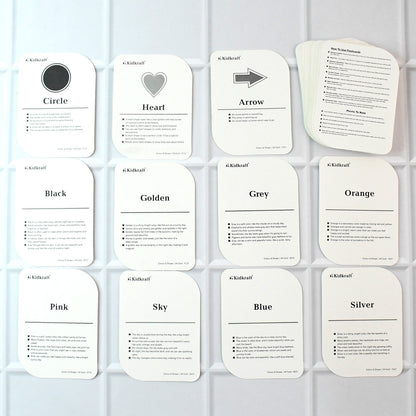 Complete 32-piece flashcard set featuring colors and shapes with bold text