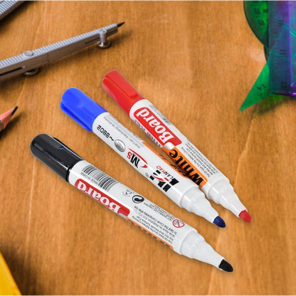 Blue, black and red whiteboard markers with a handy board duster
