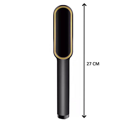 Hair straightener displaying temperature control buttons and LED readout.