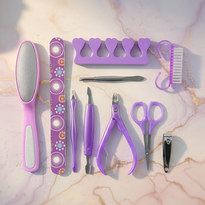 Stainless steel manicure and pedicure tools arranged neatly in the grooming set