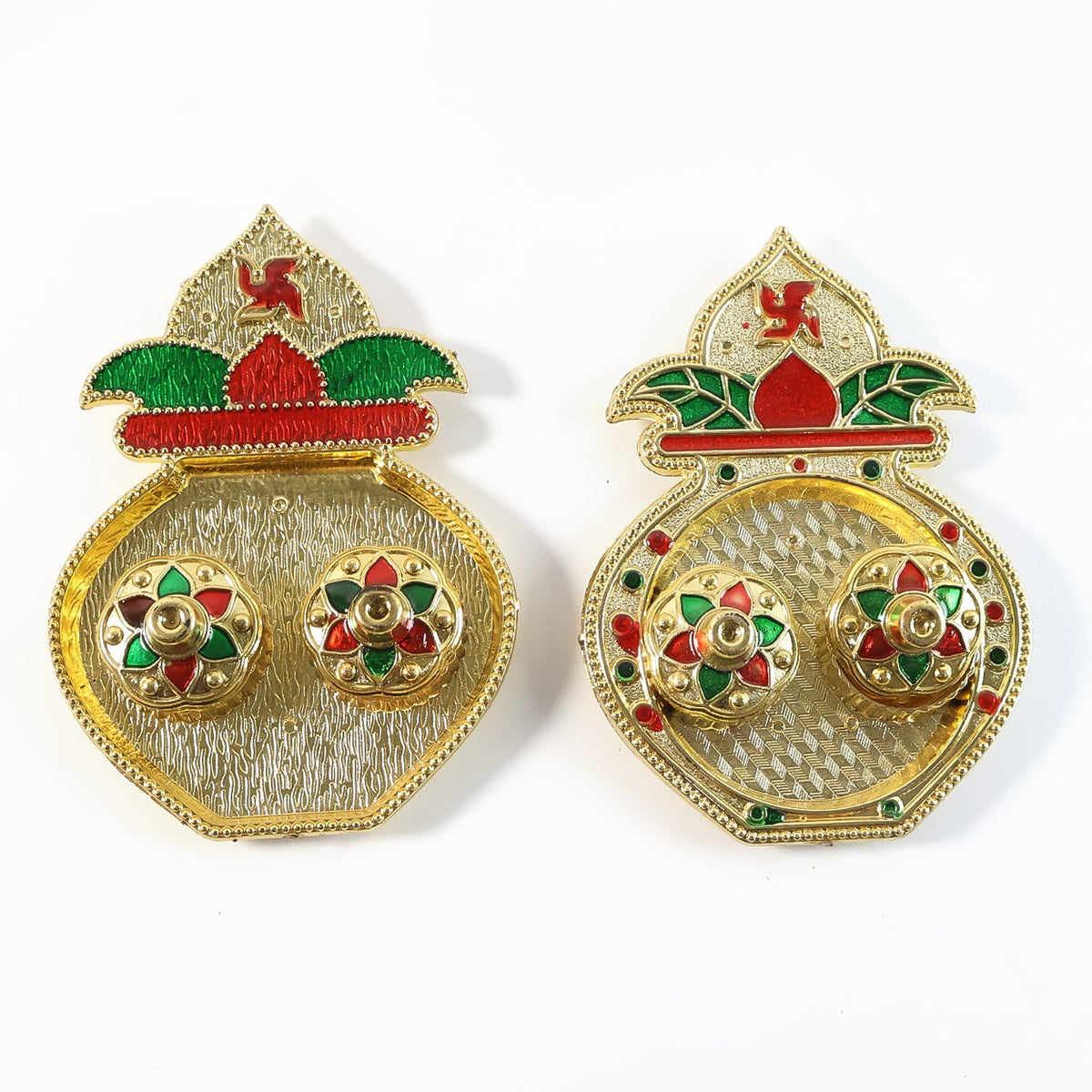 Side view of vibrant Kalash-shaped plastic kumkum box for pooja rituals