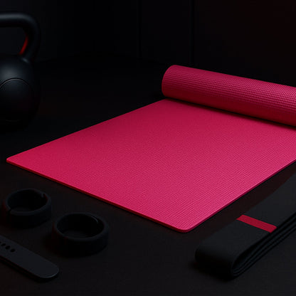 Yoga mat rolled up with a carrying strap, ready for travel.