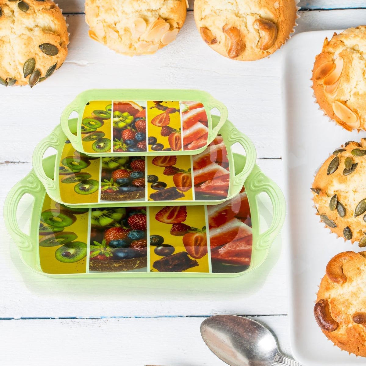 Decorative multicolor serving tray set in three sizes ideal for parties and events.