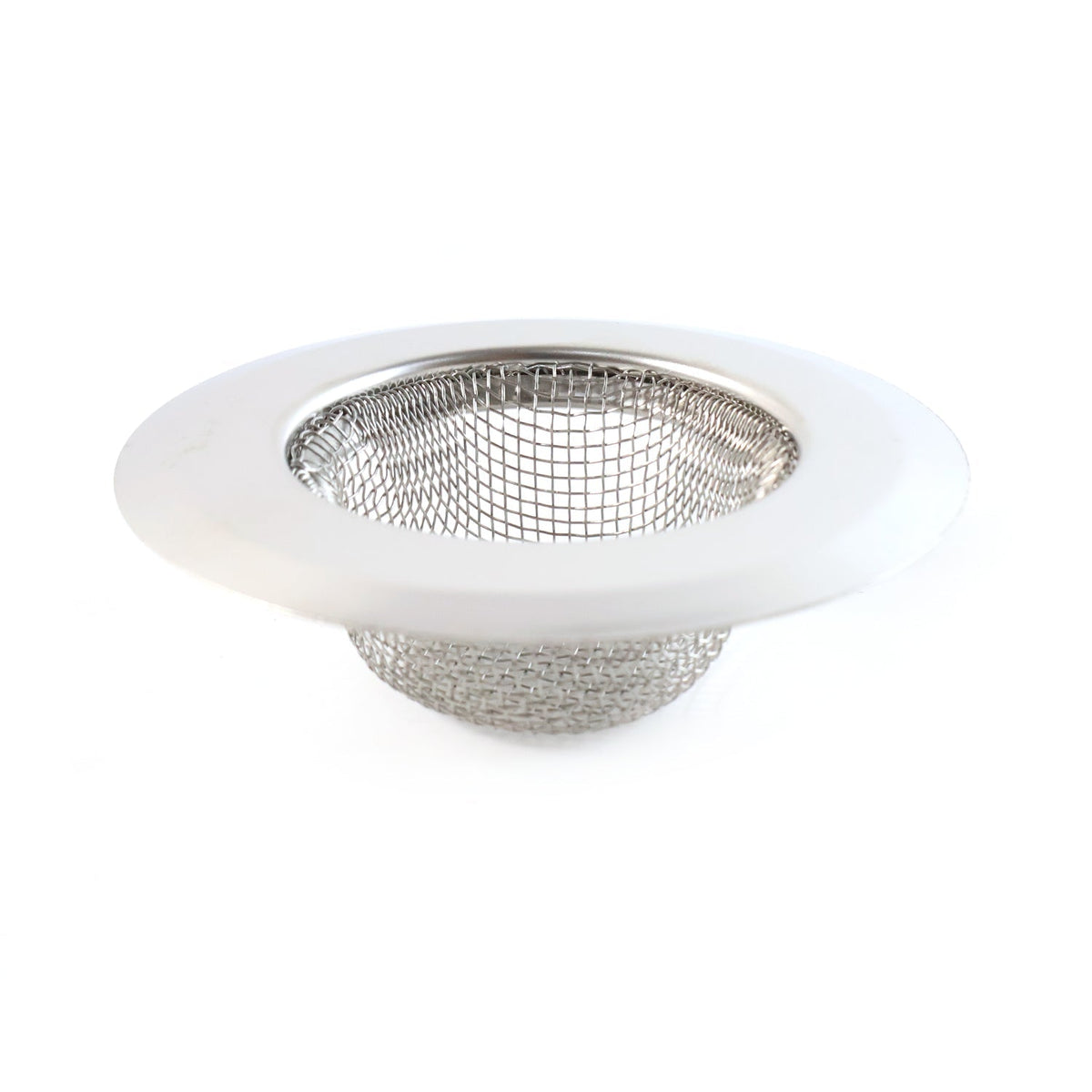 Stainless steel kitchen sink strainer filtering food particles and hair