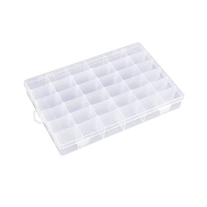 Open plastic organizer box with 36 adjustable grids ready for use.