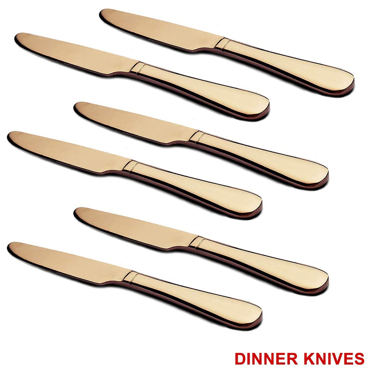 Top-down view of a single gold dinner knife and spoon.