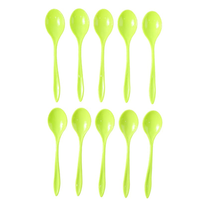 Side profile of a durable plastic spoon, ideal for everyday meals.