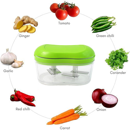 Assembled manual hand push garlic and vegetable chopper displayed