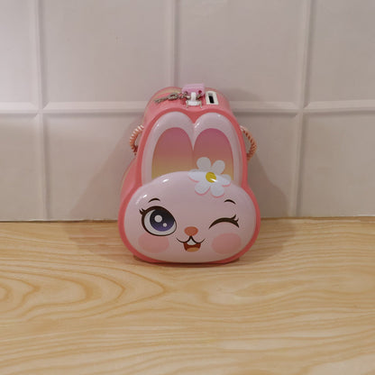 Playful pink bunny money box with lock and bright design