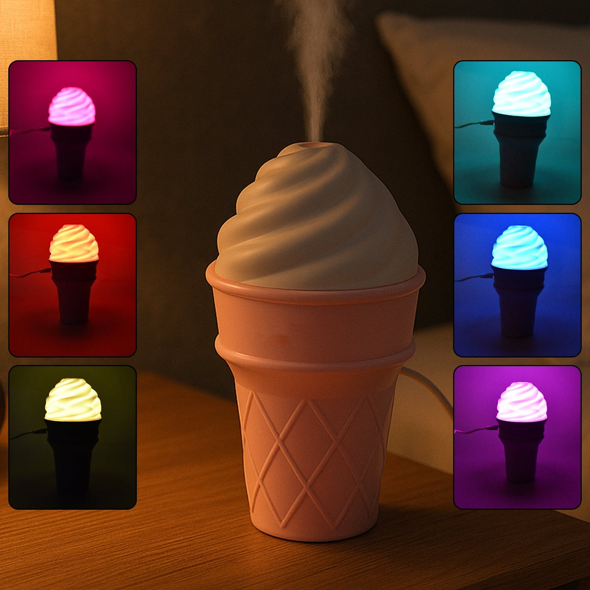 Dual use air freshener and aroma humidifier shaped like an ice cream cone