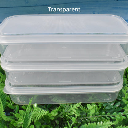 Three Konvex plastic food storage containers with snap-lock lids for leak-proof sealing.