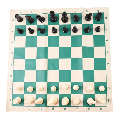 Compact folding chess set with vinyl board and plastic chess pieces