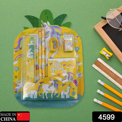 Detailed view of the 6-piece kids stationery kit with pencil, ruler, and eraser.