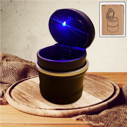 Smokeless car ashtray showing smoke diffuser and closed lid