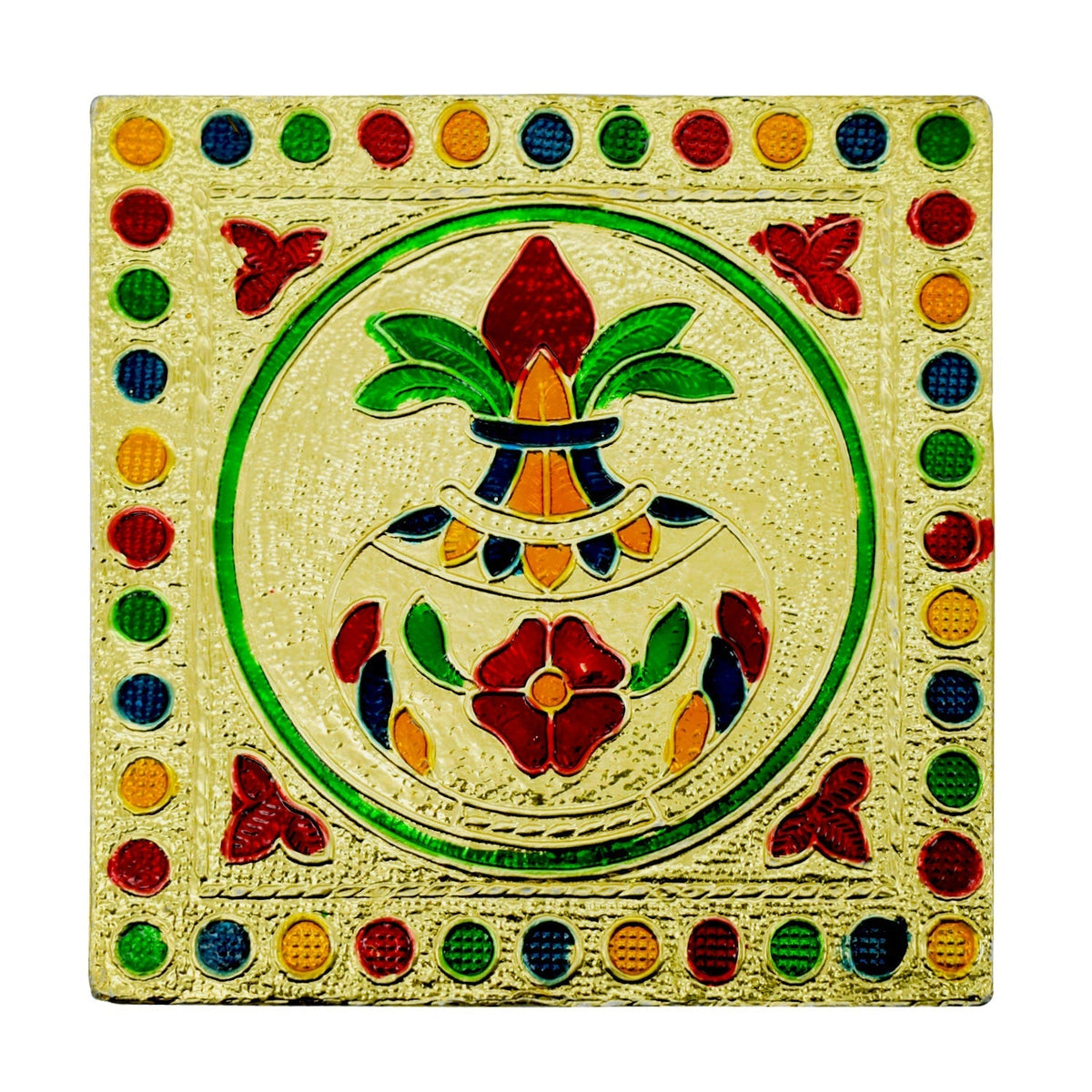 Artistic wooden bajot with a vibrant hand-painted surface, showcasing traditional Indian art.