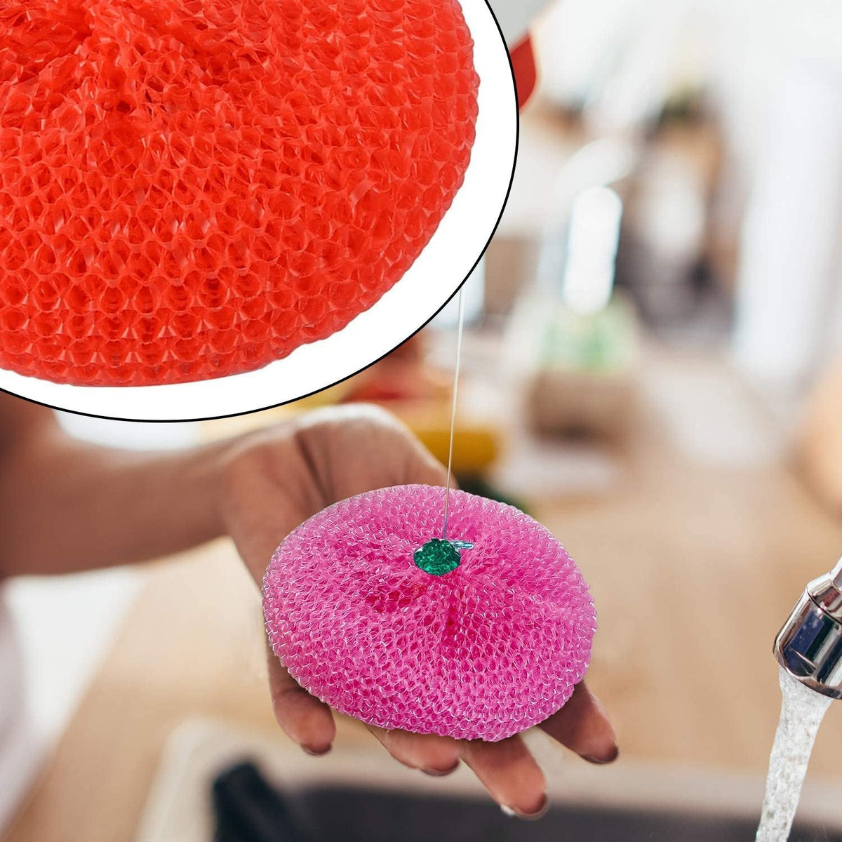 Brightly colored nylon round scrubbers ready for tough kitchen cleaning challenges.