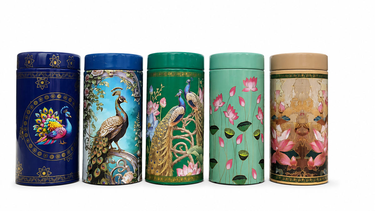 printed designed tin containers ( 500 pc pack ) 6inch tin