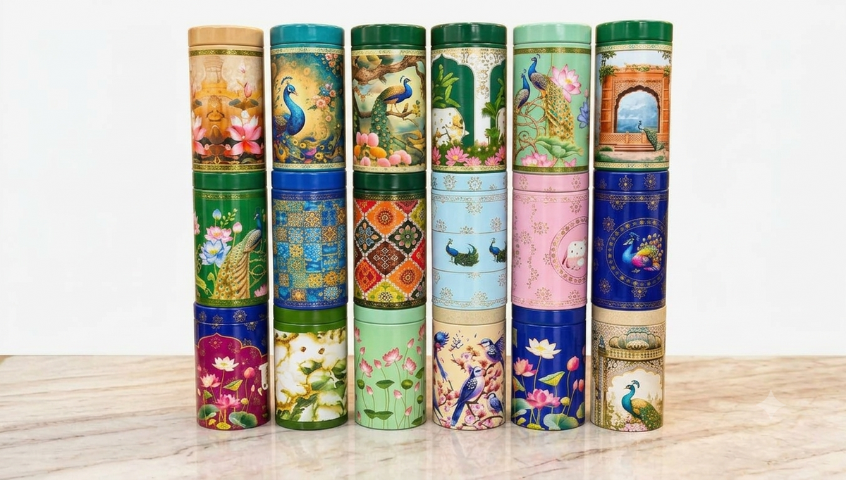 printed designed tin containers ( 500 pc pack ) 6inch tin