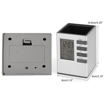 Top-down view of digital desk clock’s spacious pen holder neatly storing stationery