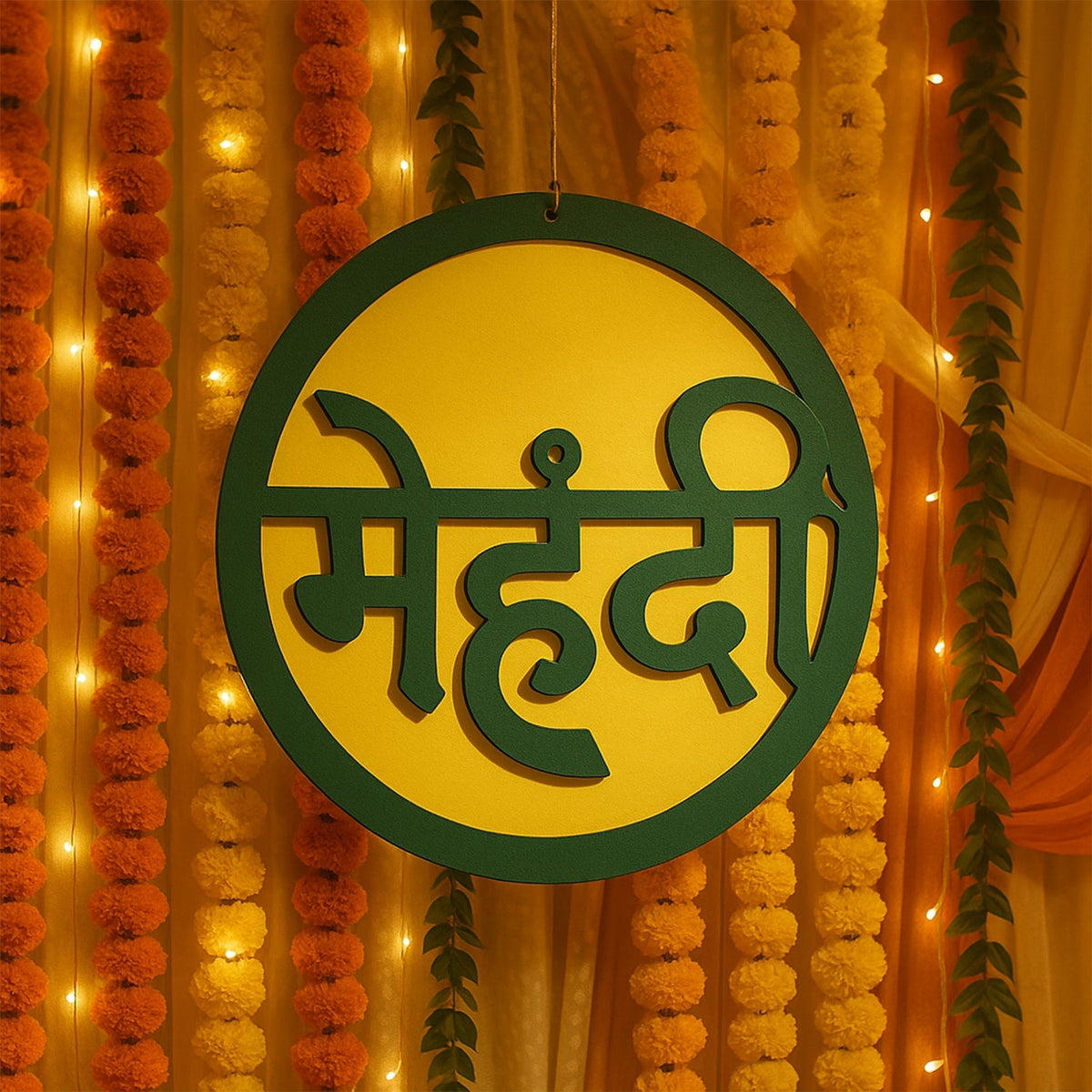 Indoors mehndi ceremony round decorative sign with typical Hindi मेहंदी lettering